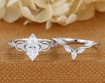 Marquise Moissanite Engagement Ring Set Unique Engagement Ring White Gold Engagement Ring Twist Wedding Ring Bridal Promise Anniversary Gift