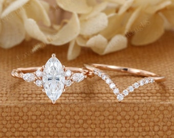 1CT Marquise moissanite engagement ring set Vintage 14K rose gold engagement ring cluster diamond ring wedding bridal set Anniversary gift