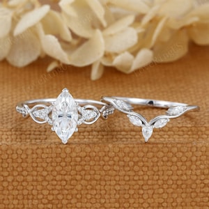 Marquise Moissanite Engagement Ring Set Unique Engagement Ring White Gold Engagement Ring Twist Wedding Ring Bridal Promise Anniversary Gift