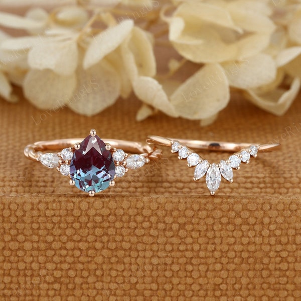 Vintage Pear shaped Alexandrite engagement ring set Unique Rose gold Moissanite engagement ring marquise twist ring Bridal set Anniversary
