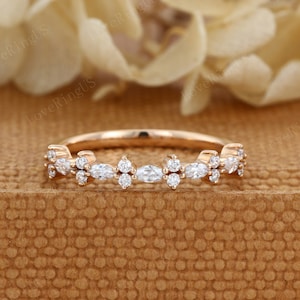 Unique Moissanite wedding band Marquise wedding band rose gold wedding band Vintage diamond ring stacking matching promise ring Anniversary