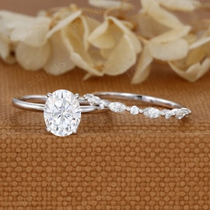 2ct Oval Moissanite engagement Ring Set Vintage marquise wedding ring White gold diamond engagement ring Bridal set promise Anniversary gift