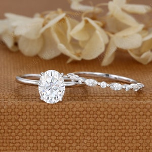 2ct Oval Moissanite engagement Ring Set Vintage marquise wedding ring White gold diamond engagement ring Bridal set promise Anniversary gift