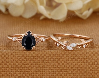 Pear shaped black onyx engagement ring set Unique Rose gold diamond ring Vintage engagement ring leaf ring Bridal promise Anniversary gift