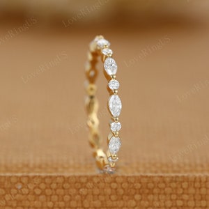 Full eternity Moissanite wedding band vintage Yellow gold wedding band women Marquise cut Bridal Unique Stacking Matching promise gift