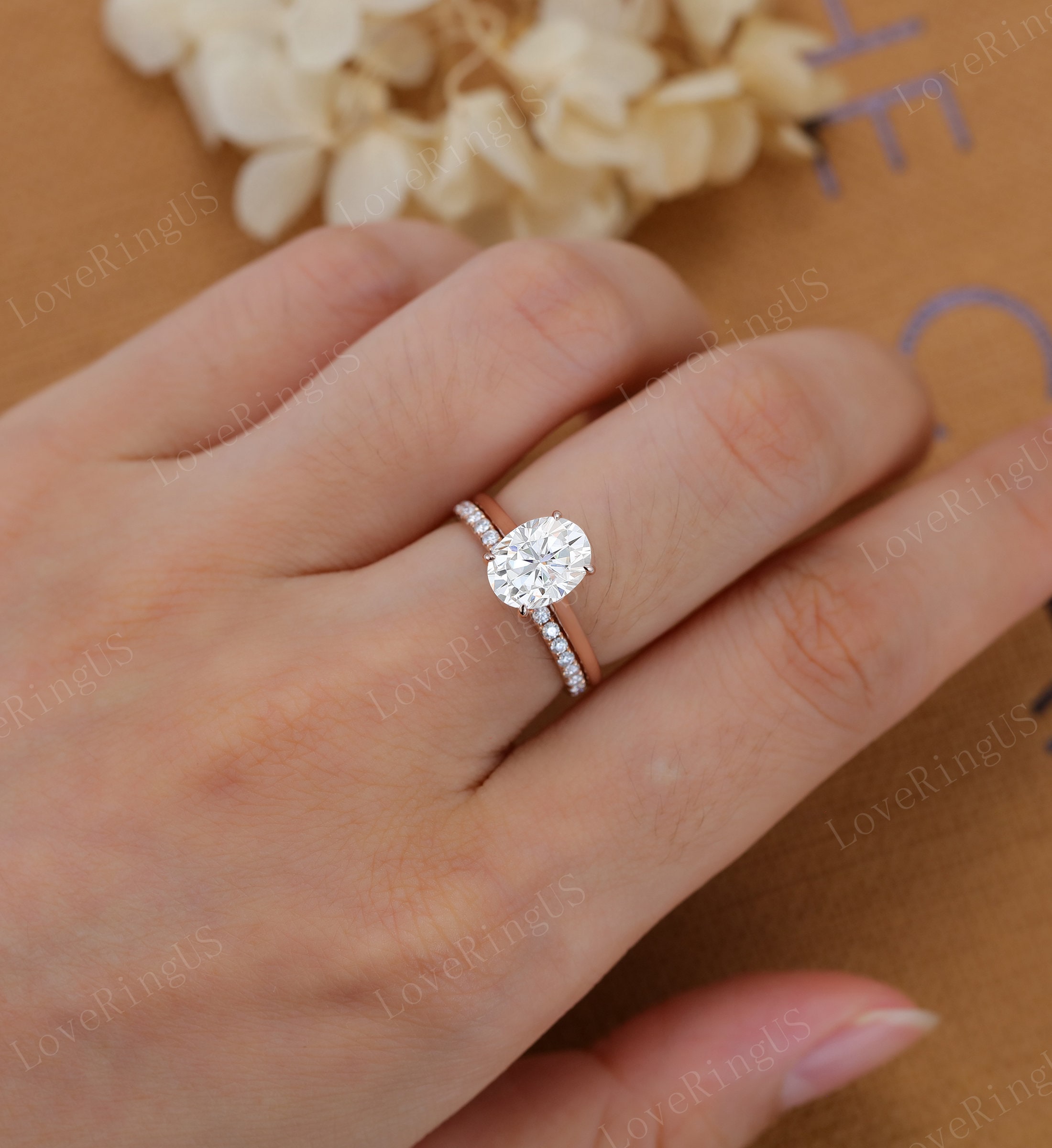 Vintage Oval Cut Moissanite Engagement Ring Set White Gold Engagement ...