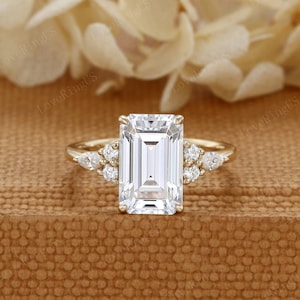 Emerald cut Moissanite engagement ring Unique Yellow gold engagement ring women vintage diamond ring Bridal promise ring Anniversary ring