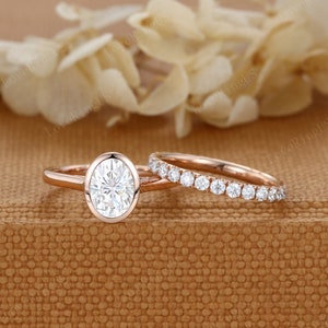 Bezel set Oval Moissanite engagement Ring set Rose gold wedding& engagement ring Unique diamond wedding ring Bridal set Promise Anniversary