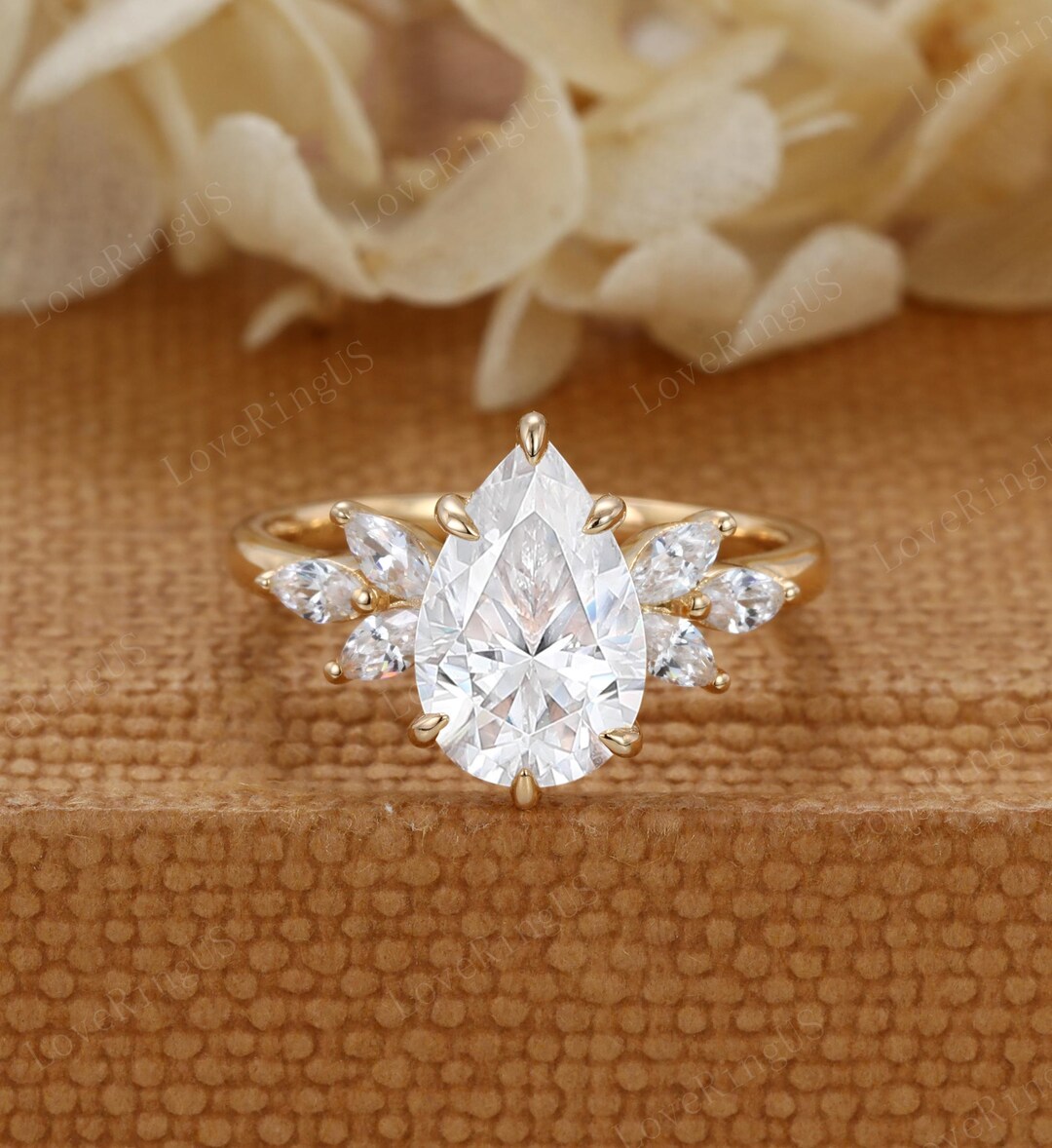 Pear Lab Grown Diamond Engagement Ring Unique 14K Solid Yellow Gold ...