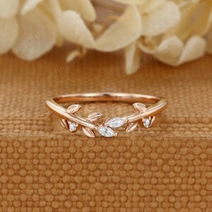 Vintage women rose gold marquise cut moissanite unique diamond curved wedding band leaf Bridal stacking matching promise ring Anniversary