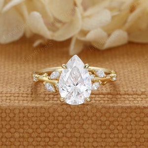 Pear Moissanite engagement ring Unique Yellow gold engagement ring women vintage marquise cluster ring Bridal promise ring Anniversary ring