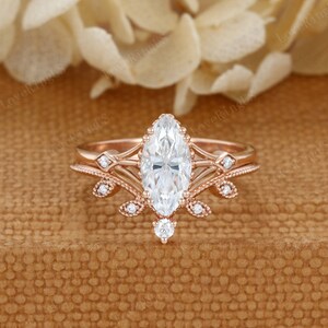 Marquise moissanite engagement ring set Vintage Yellow gold diamond engagement ring Unique leaf wedding Bridal set Anniversary promise gift