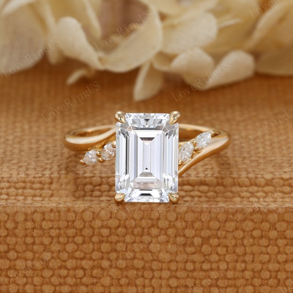 Emerald cut Moissanite engagement ring vintage rose gold ring marquise diamond ring unique prong set ring bridal anniversary promise ring