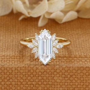 Langer Hexagon Moissanit Verlobungsring Einzigartige massiv Gelbgold Verlobungsring Frauen Vintage Cluster Ring Braut Jahrestag