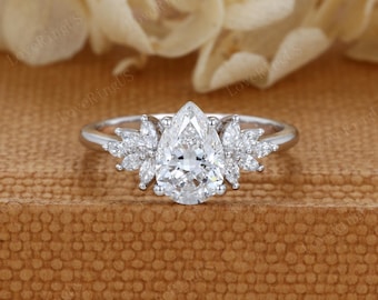 Pear cut Moissanite Engagement Ring Vintage Cluster Engagement Ring 14K White gold Lab grown diamond ring Bridal wedding Anniversary gift