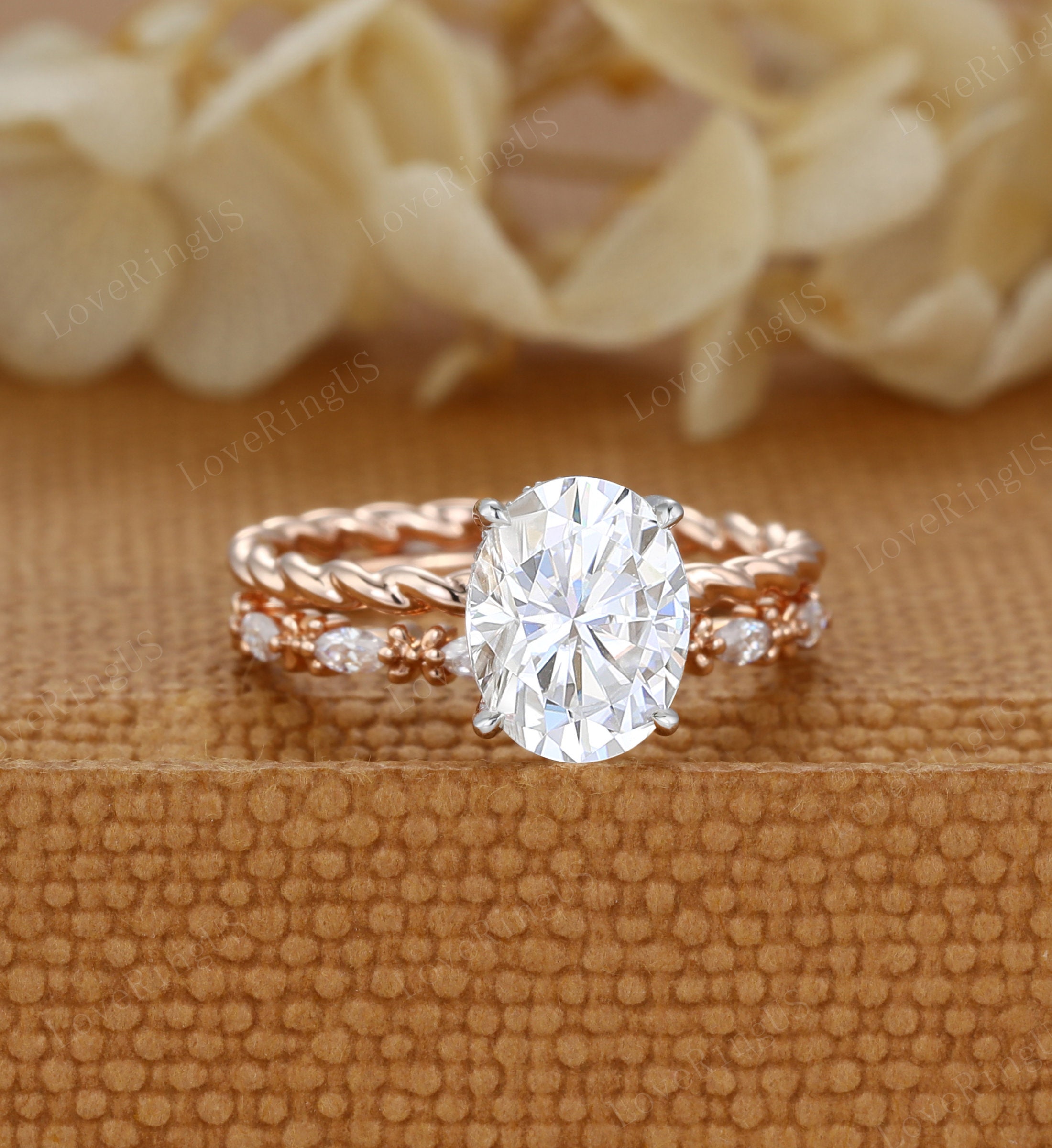 Oval Moissanite Engagement Ring Set Two Tone 14K Gold Twist Engagement ...