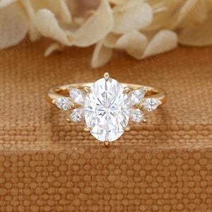 Oval Lab grown diamond engagement ring Yellow gold engagement ring vintage Marquise cluster engagement ring Bridal Promise Anniversary gift