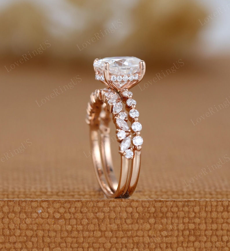 2ct Oval Moissanite Engagement Ring Set 14K Gold Engagement Ring Half ...