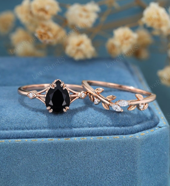 Pear Shaped Black Onyx Engagement Ring Set Unique Rose Gold - Etsy