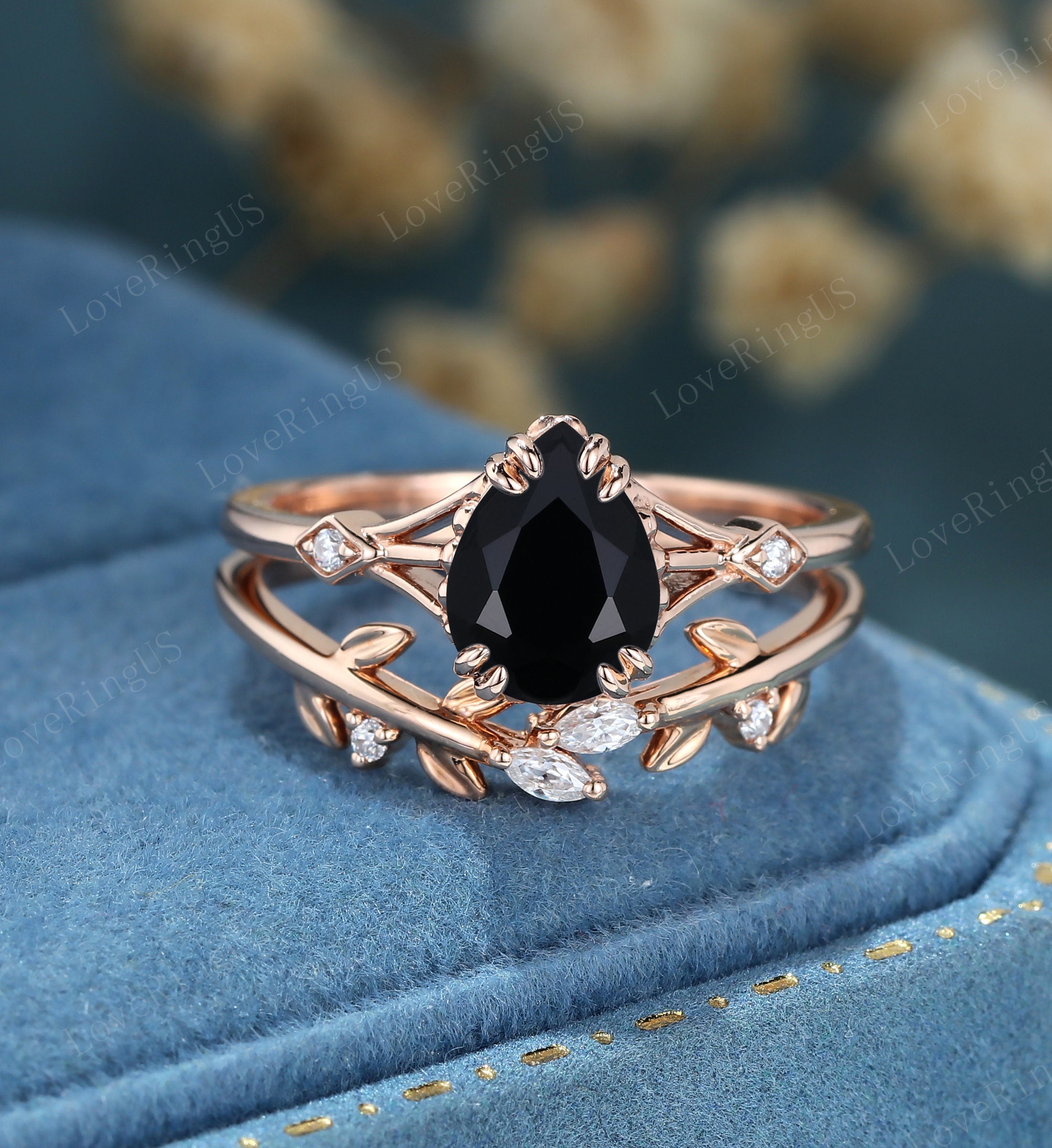 Pear Shaped Black Onyx Engagement Ring Set Unique Rose Gold - Etsy