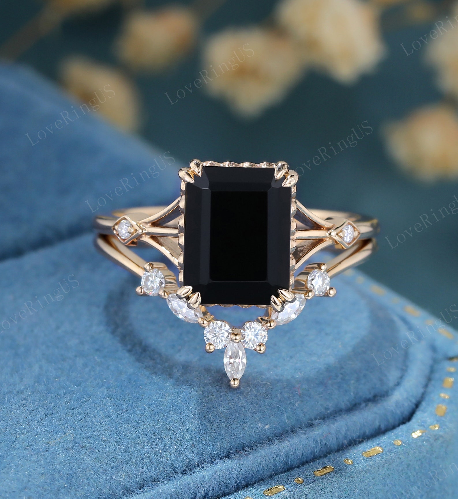 Emeral Cut Black Onyx Engagement Ring Set Vintage Engagement - Etsy