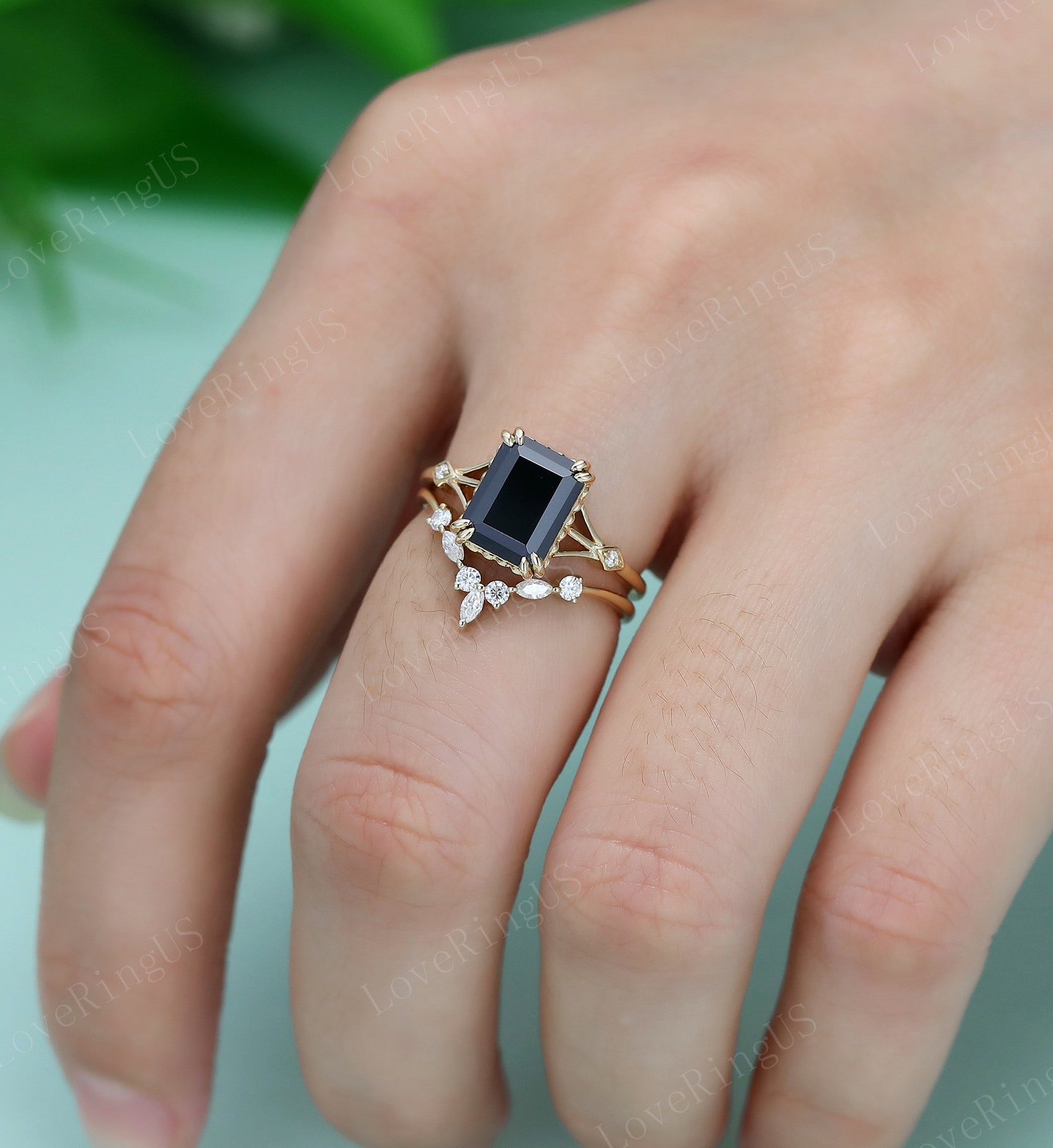Emeral Cut Black Onyx Engagement Ring Set Vintage Engagement Etsy