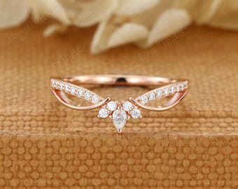 Unique moissanite wedding band Curved Diamond wedding ring Vintage 14k rose gold wedding band matching band Bridal promise Anniversary gift
