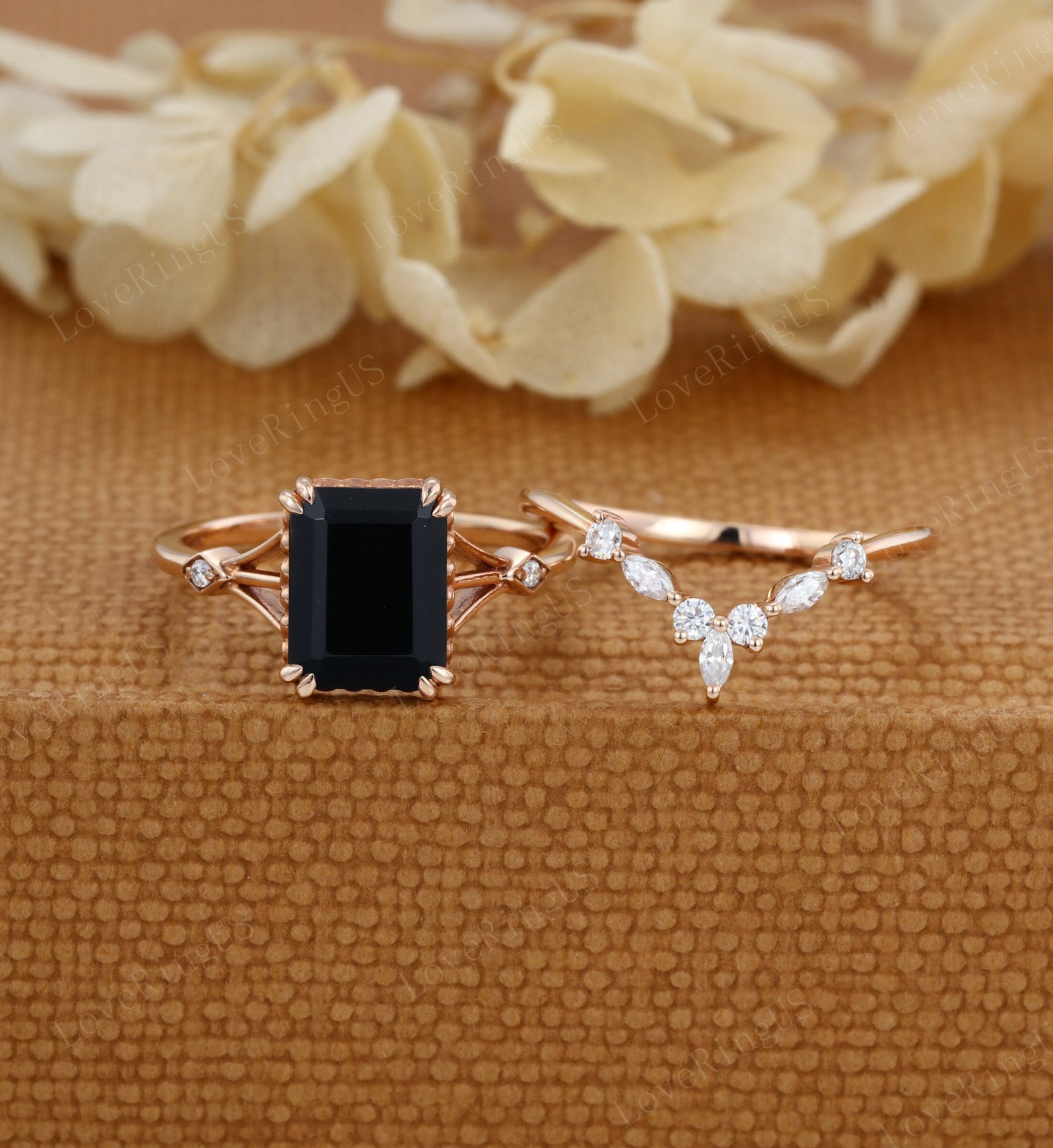 Emeral Cut Black Onyx Engagement Ring Set Vintage Engagement - Etsy