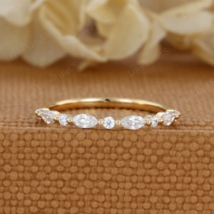 Unique Marquise Moissanite wedding band Vintage Yellow gold wedding band half eternity wedding ring Bridal Stacking Matching ring promise
