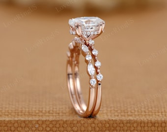 Oval cut Moissanite engagement ring set Unique 14K Rose gold engagement ring women vintage cluster ring Bridal promise ring Anniversary ring