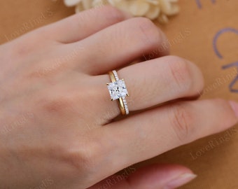 Princess Cut Moissanite Engagement Ring Set Half Eternity Band Wedding Ring Set 14K Yellow Gold Bridal Rings Gift For Her Anniversary Rings