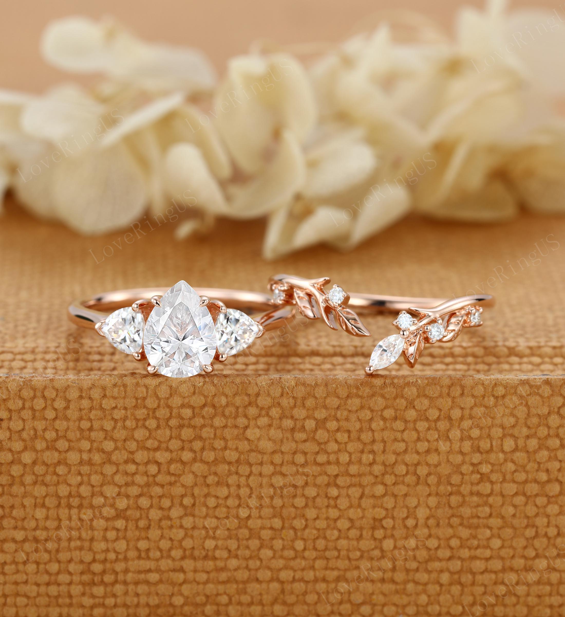 Pear Cut Moissanite Engagement Ring Set Unique 14K Solid Rose Gold ...