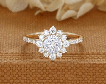Vintage round cut Moissanite engagement ring round cluster diamond ring unique yellow gold moissanite engagement ring, wedding bridal gift