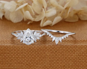 Pear cut lab created diamond engagement ring set Unique 14K White gold engagement ring Vintage Cluster Bridal set Wedding Anniversary Gift