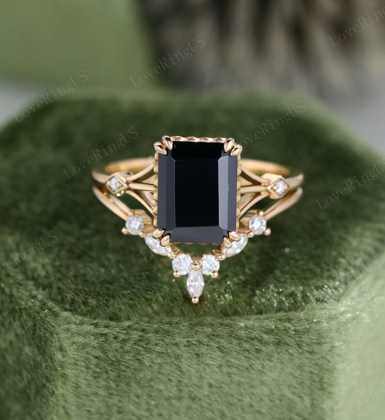 Emeral Cut Black Onyx Engagement Ring Set Vintage Engagement - Etsy