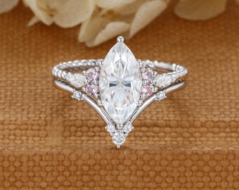 Marquise cut Moissanite engagement Ring Set Vintage White gold engagement ring unique diamond wedding ring Bridal set Promise Anniversary