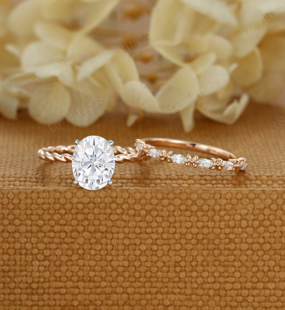 Oval Moissanite Engagement Ring Set Two Tone 14K Gold Twist Engagement ...