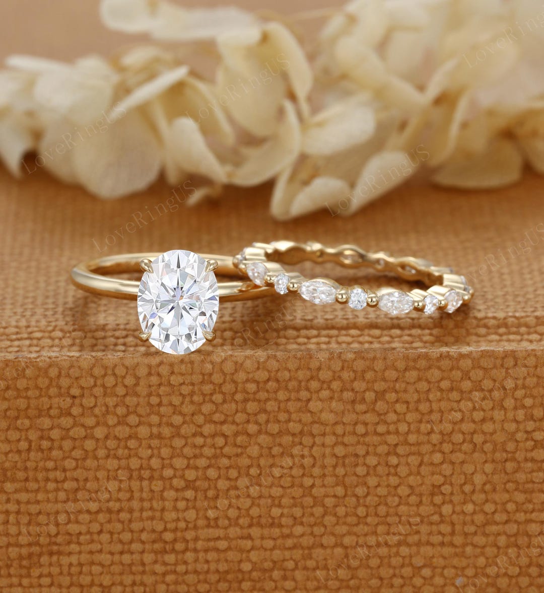 2ct Oval Moissanite Engagement Ring Set Yellow Gold Diamond Engagement ...