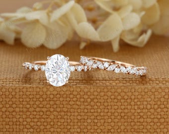 2ct Oval Moissanite engagement ring set 14K gold engagement ring Half eternity Marquise cut vintage ring Bridal set Promise Anniversary gift