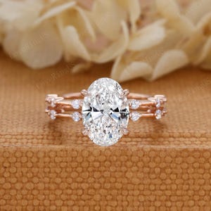 3CT Oval Cut Lab Grown Diamond Engagement Ring Unique Rose Gold Double band Ring Vintage Half Eternity Wedding Ring Bridal set Promise gift