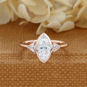 Bezel set Moissanite engagement ring Rose gold Marquise cut wedding& engagement ring Unique art deco ring Bridal promise Anniversary gift