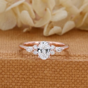 5*7mm Oval Lab Grown diamond engagement ring unique 14K rose gold ring women vintage Marquise diamond wedding Bridal art deco Anniversary