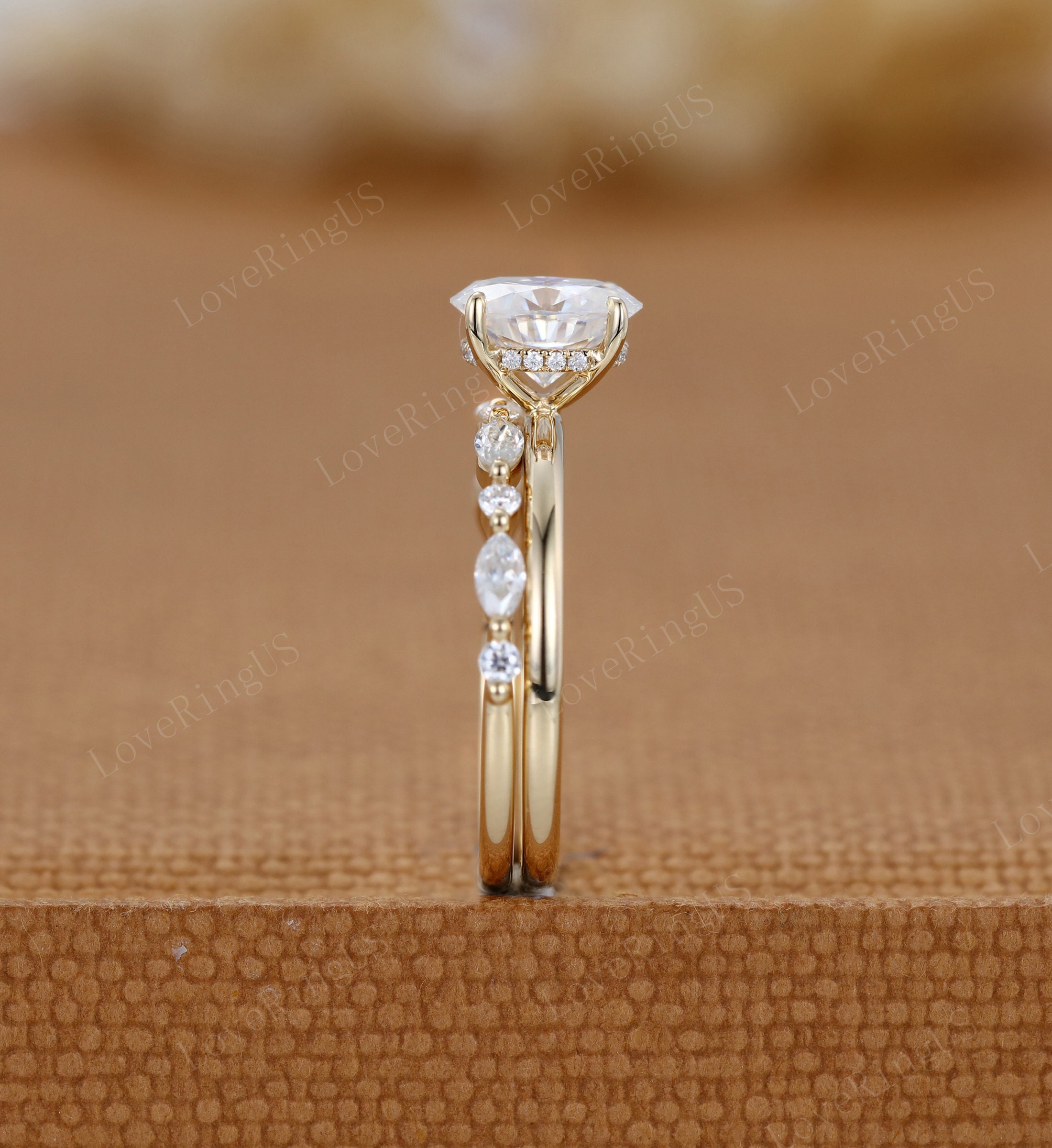 2ct Oval Moissanite engagement Ring Set Yellow gold diamond engagement ring vintage marquise wedding Bridal set promise Anniversary gift