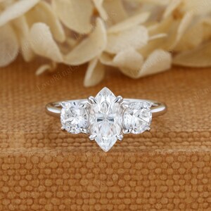 Marquise cut Moissanite engagement ring Unique White gold round cluster moissanite ring Vintage wedding ring Bridal promise Anniversary gift