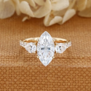 Vintage Marquise cut Moissanite engagement ring round cluster diamond ring unique yellow gold moissanite engagement ring wedding bridal gift