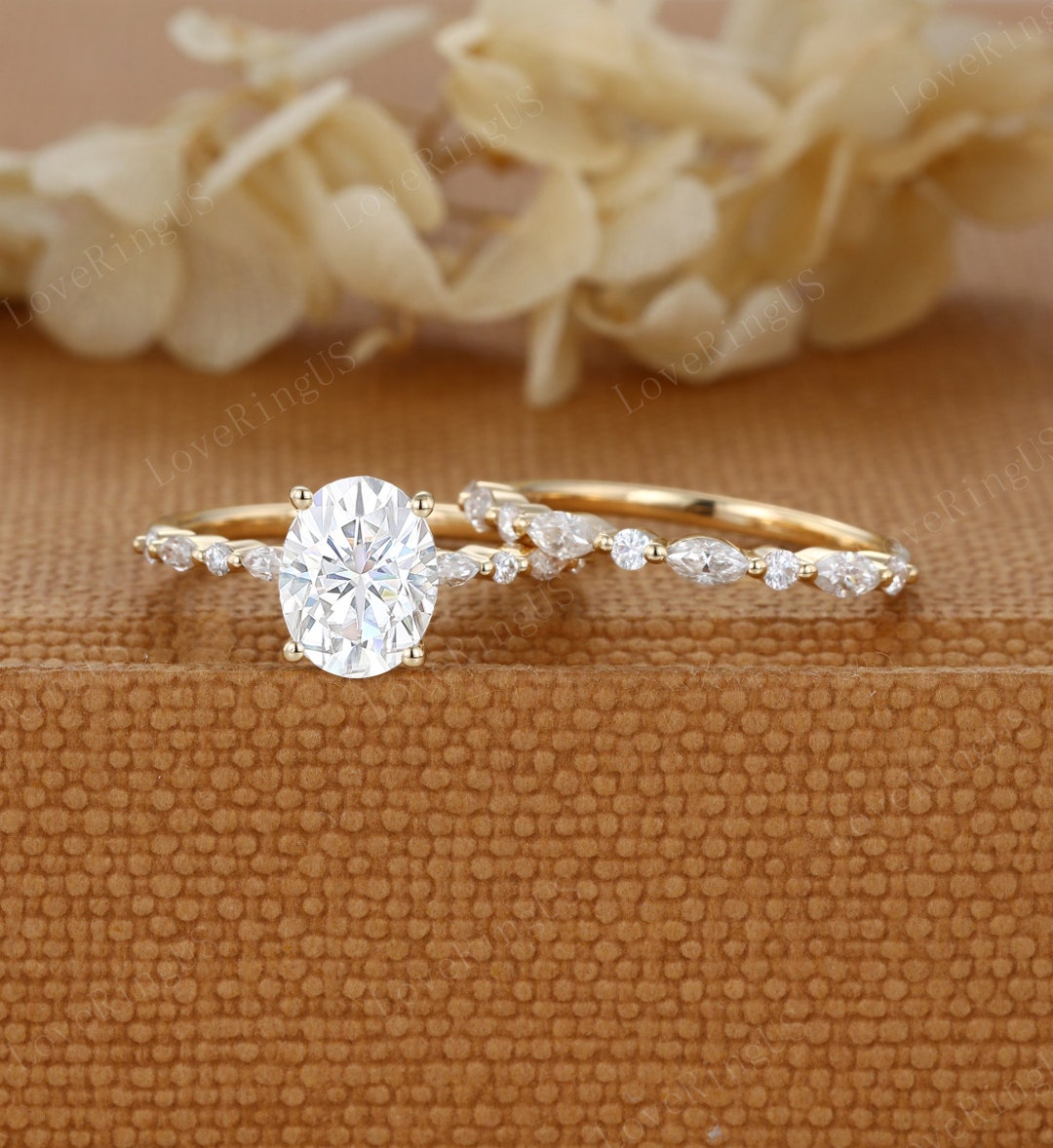 2ct Oval Moissanite Engagement Ring Set Unique Yellow Gold Cluster ...