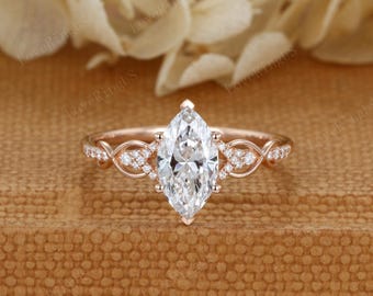 1CT IGI Certified Marquise Lab Diamond engagement ring Unique Yellow gold ring Vintage Half Eternity Bridal promise ring Anniversary gift