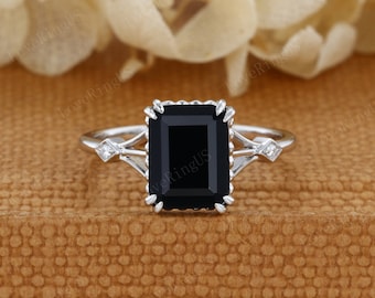 Emerald cut Black Onyx engagement ring Vintage diamond engagement ring art deco ring White gold engagement ring Bridal promise Anniversary