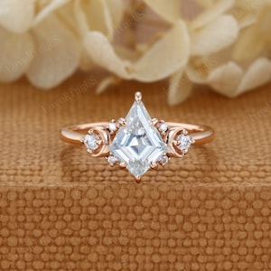 Kite cut Moissanite engagement ring women vintage Unique moon diamond engagement ring Rose gold bridal wedding ring Anniversary gift for her