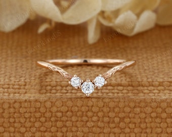 Vintage Moissanite wedding band Rose gold Curved wedding band Unique leaf diamond wedding band stacking matching promise ring Anniversary